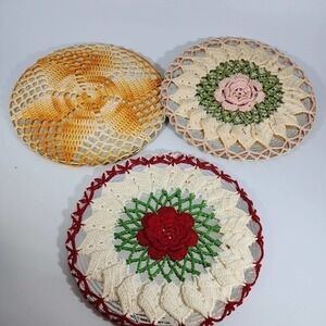 ThreeVTG 1950’s Cardboard-backed Silver Foil Trivets w/Matching Crocheted Covers
